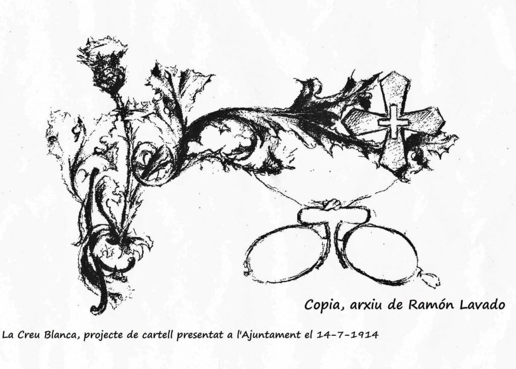 Dibuix projecte del primer rètol de La Creu Blanca, presentat a l'Ajuntament el 14-7-1914. Arxiu Ramón Lavado, gentiesa de Domènec Solé.